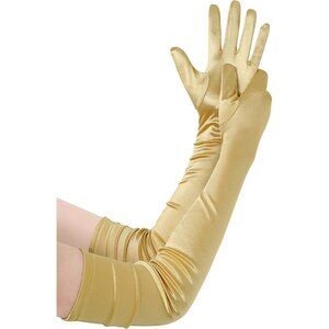 Women's Long Satin Gloves Dark Gold Stretchy Upper Arm Length Costume Design